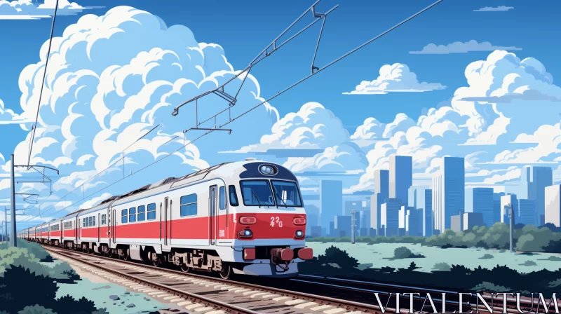 Retro-Futuristic Train in Bold Cityscape - Pop Art Style AI Image