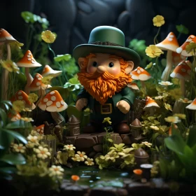 Leprechaun Amongst Mushrooms: A St. Patrick's Day Diorama AI Image