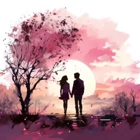 Romantic Manga Styled Couple Walking Under Cherry Blossom Tree AI Image