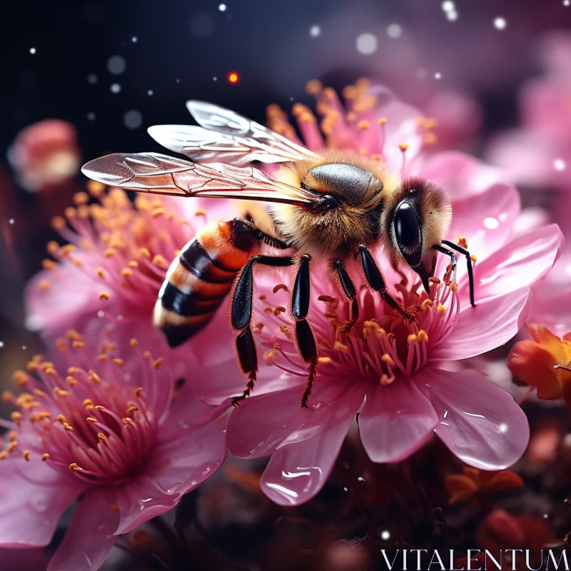 Bee on Pink Flowers: A Surrealistic Realistic Rendering AI Image