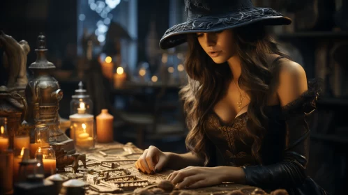 Enchanting Witch in Antique Room - Gold Detailing and Puzzle-like Elements AI Image