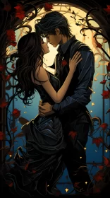 Gothic Love: Storybook Illustration of a Couple Kissing Under the Moonlight AI Image