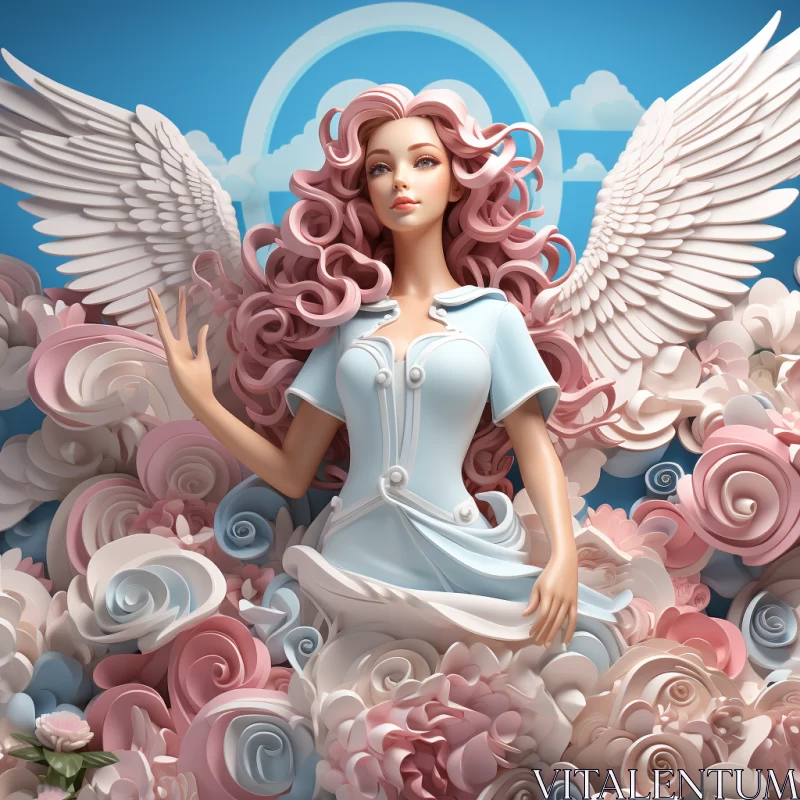 Angelic Paper Doll Amidst Roses in Sky-Blue and Pink AI Image