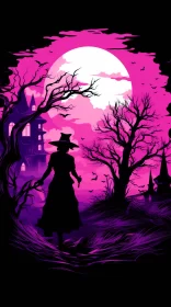 Mysterious Witch Silhouette Against Vibrant Pink AI Image