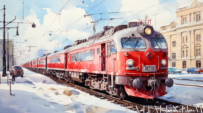 Snowy Train Track Watercolor Illustration AI Image