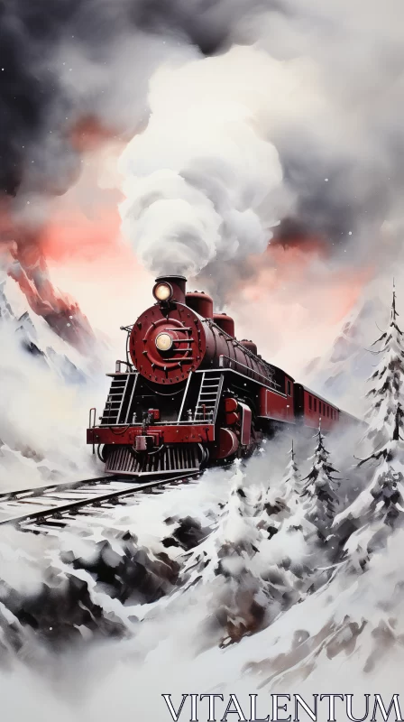 Adventure Themed Steam Train Traveling Through Snow - Digital Illustration AI Image