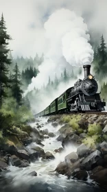 Detailed Illustration of Steam Train Journey in Forest AI Image