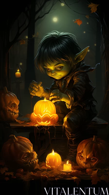 AI ART Enchanting Halloween Scene: Dark Elf and Glowing Pumpkins