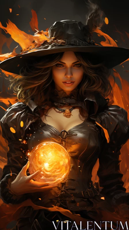 AI ART Magical Witch Girl with Golden Flame - Fantasy Art Illustration