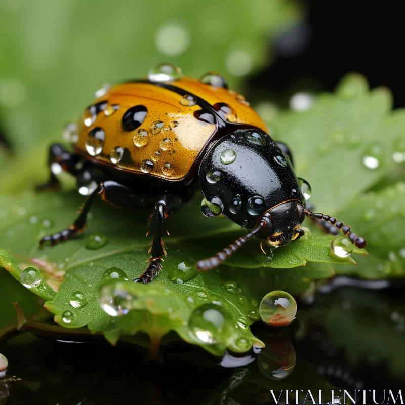 AI ART Black and Yellow Beetle on a Leaf - A Photorealistic Nature Scene