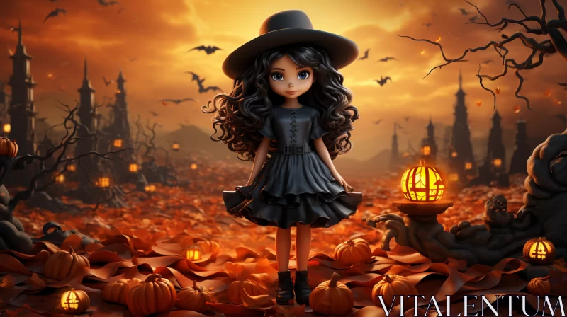 Halloween Inspired Witch Illustration in Pumpkin Patch AI Image
