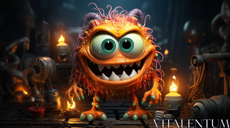 Orange Monster Caricature in Candlelit Room AI Image