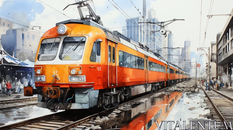 Realistic Watercolor Painting of a Train in Urban Landscape AI Image