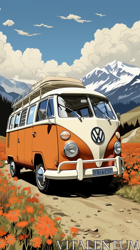 Orange VW Bus in Mountainous Landscape - Monochrome Painting AI Image