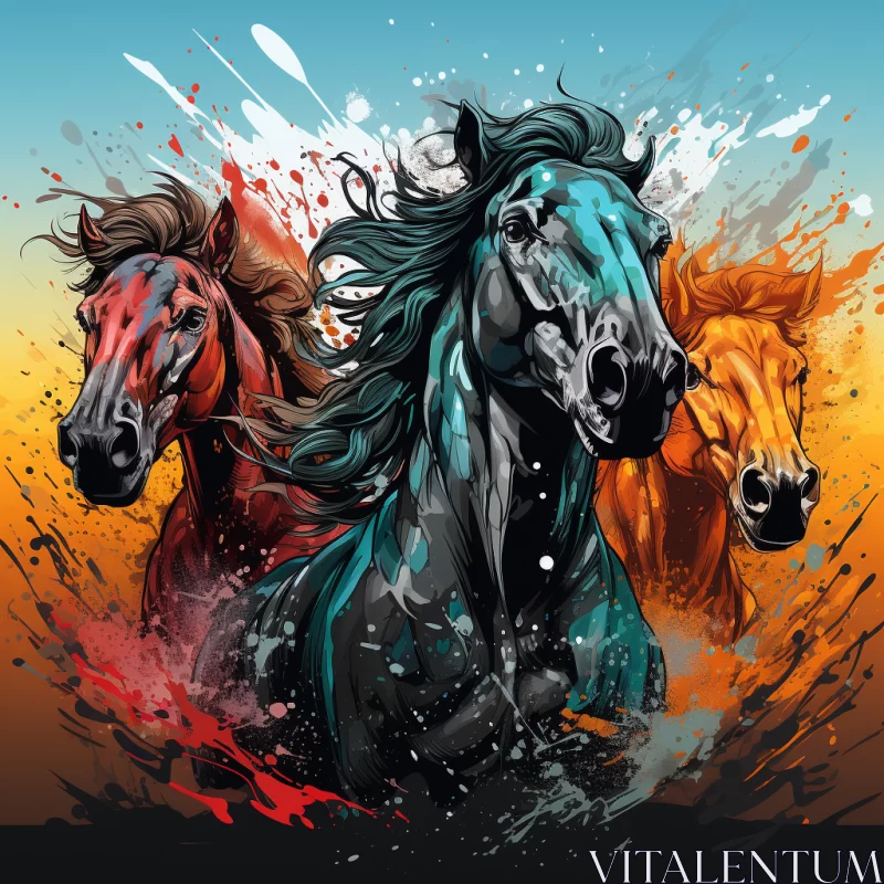 Abstract Artwork: Three Horses in Colorful Chaos AI Image