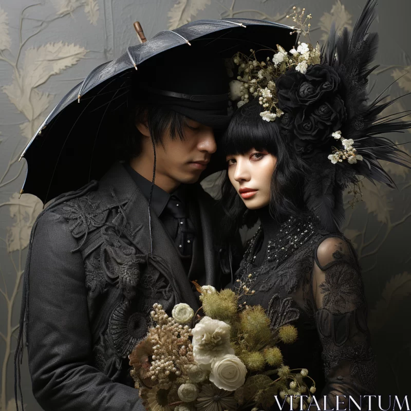 Ethereal Couple Portrait with Floral Umbrellas AI Image