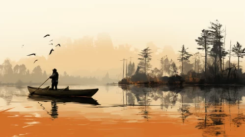 Man Canoeing on Lake - Digital Art Painting AI Image