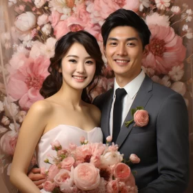 Asian Couple Posing with Bouquet in Photorealistic Style AI Image
