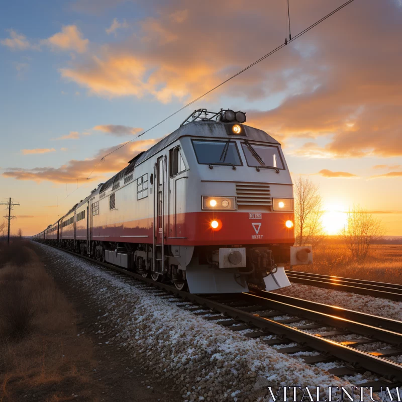 Passenger Train During Sunset: A Timeless Capture in Light Gray and Red AI Image