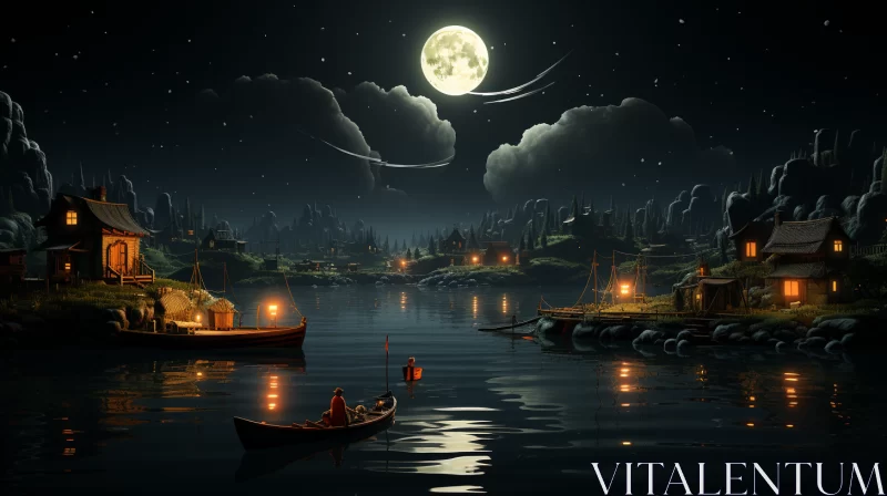 Moonlit Village by the Lake - A Realistic Fantasy Scene AI Image