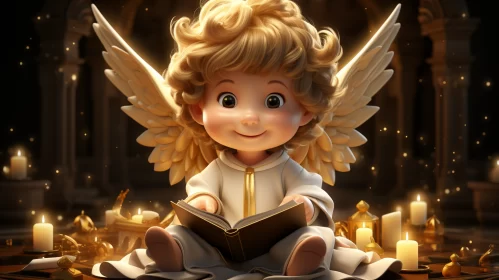 Charming Angel Character Reading Book in Candlelight Illustration AI Image