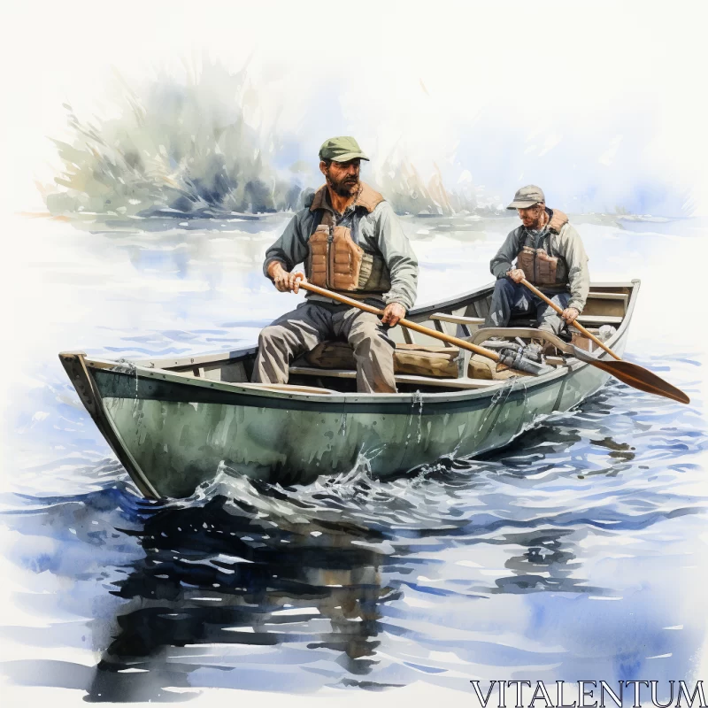 Realistic Watercolorist Painting of Two Men in a Boat AI Image