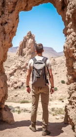 Man Gazing through Natural Arch in Desert - A Blend of Scoutcore and Hikecore AI Image