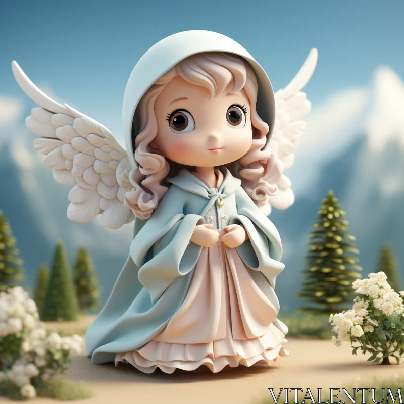Angelic Figurine Amidst Mountainous Snow Scene AI Image