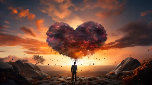 Abstract Romantic Sunset: Man and Heart Shape AI Image