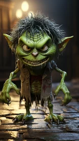 Charming Green Troll on Street - A Goblin Academia Illustration AI Image