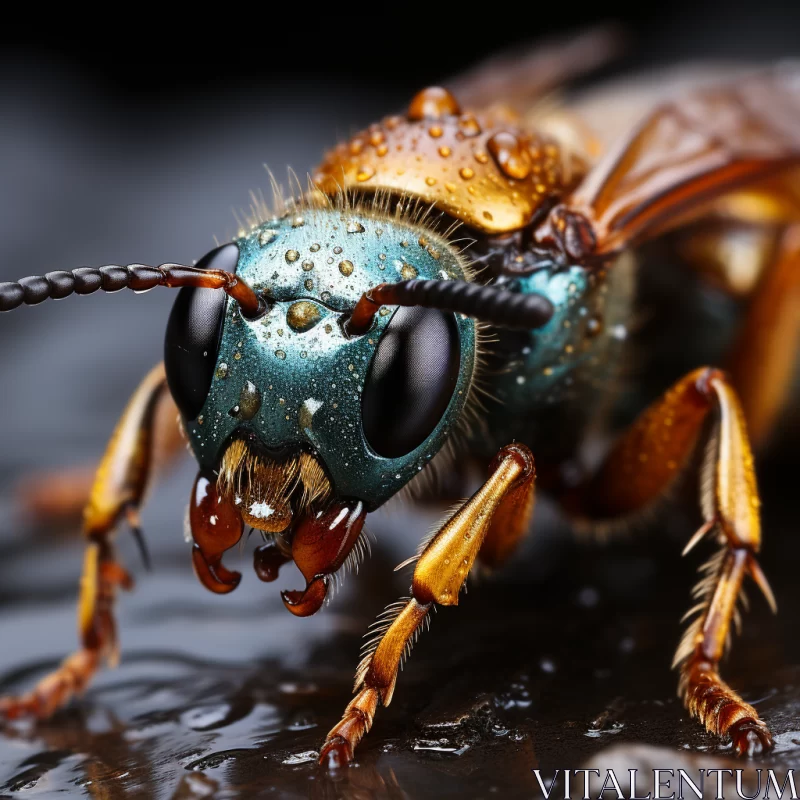 Intricate Close-up of a Wasp in Dark Cyan and Amber Hues AI Image