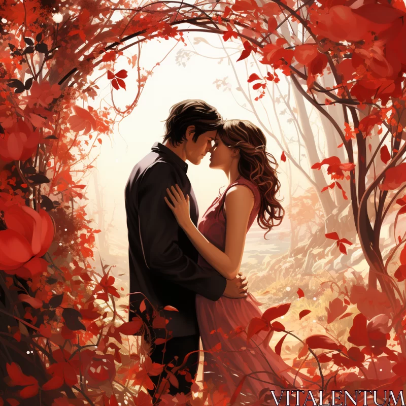 Romantic Fantasy Scene - A Couple Kissing Under Red Leaves AI Image
