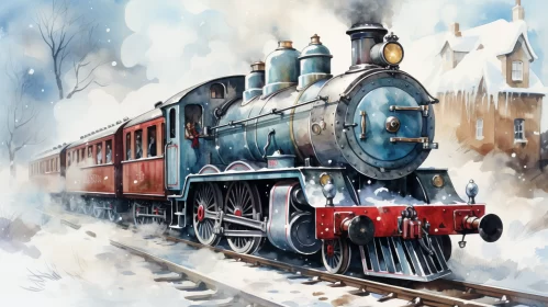 Steam Train in Winter - Watercolor Illustration AI Image