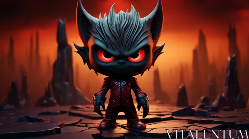 Gothic Toy Character with Red Eyes in Mountain Scene AI Image