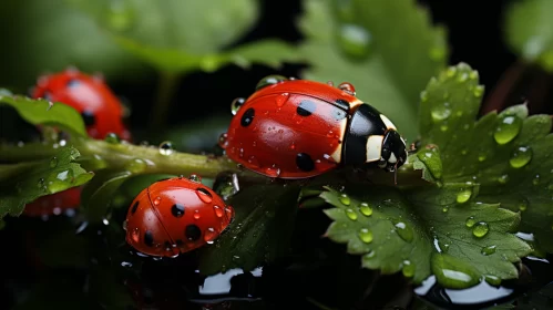 Enchanting Ladybugs on a Leaf - A Dance of Light and Color AI Image