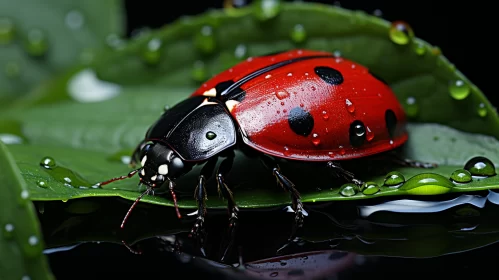Ladybug on Dew-Kissed Leaf: A Study in Natural Symbolism AI Image