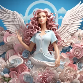 Angelic Paper Doll Amidst Roses in Sky-Blue and Pink AI Image