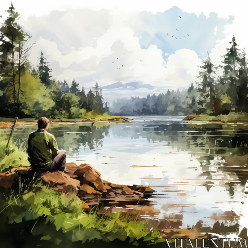 Man Observing River - Watercolor Digital Painting in Cabincore Style AI Image