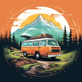 Vintage Camper Van Illustration with a Mountainous Backdrop AI Image