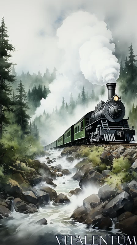 Detailed Illustration of Steam Train Journey in Forest AI Image