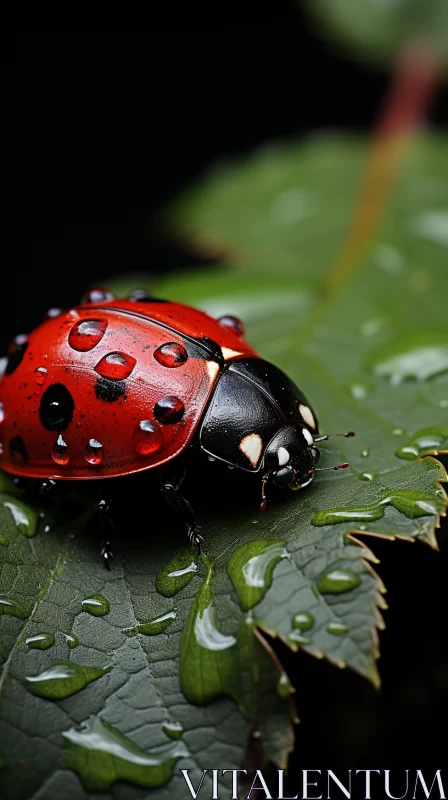 Detailed Wildlife Photography: Ladybug with Raindrops on Leaf AI Image