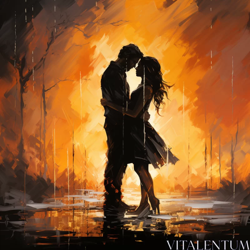 Romantic Tonalist Painting of a Couple Kissing in the Rain AI Image