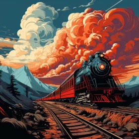 Steam Locomotive Amidst Clouds - Atmospheric Landscape Illustration AI Image