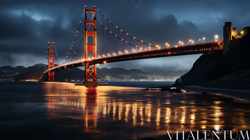 Illuminated Golden Gate Bridge at Night - Photorealistic Representation AI Image
