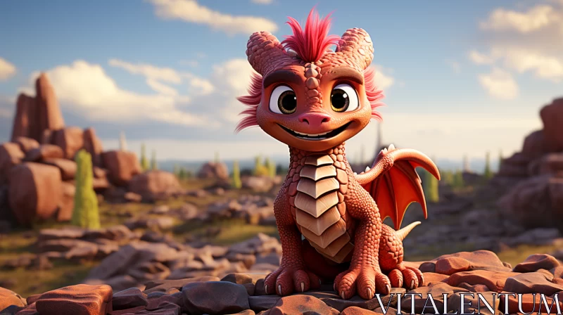Lighthearted Toy Dragon on Rocks - A Charming Character Illustration AI Image