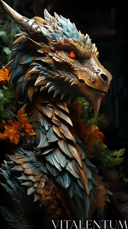 AI ART Majestic Dragon Statue Amidst Foliage - Feather Rendered Detail