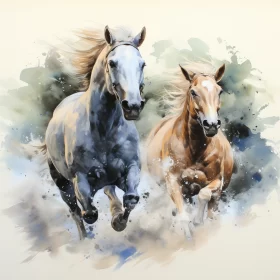Watercolor Illustration of Spirited Horses Running