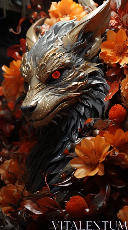 Wild Beauty: Liquid Metal Wolf in Floral Field AI Image
