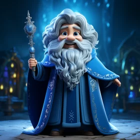 Enchanting Cartoon Figure with Blue Wand in Detailed Fantasy Style AI Image