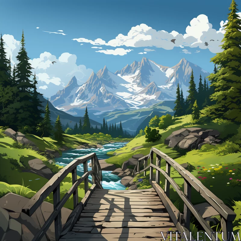 Mountain Scene with Wooden Bridge in Cartoonish Realism AI Image